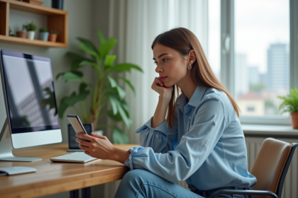 Femme en bureau moderne utilisant ordinateur et smartphone