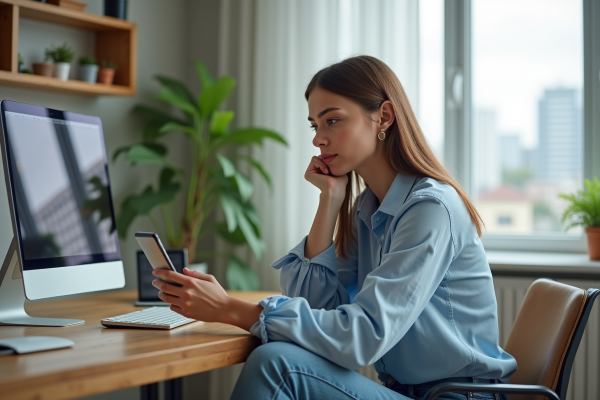 Femme en bureau moderne utilisant ordinateur et smartphone