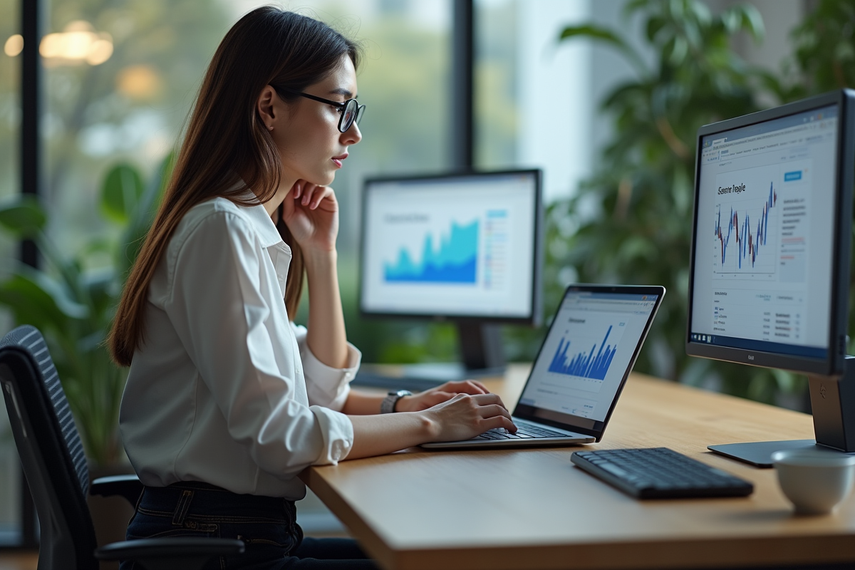 Jeune femme en bureau comparant des graphiques SEO