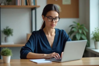 Femme organisée travaillant sur son ordinateur dans un bureau lumineux