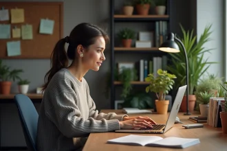 Femme au bureau regardant une vidéo avec sous-titres multilingues