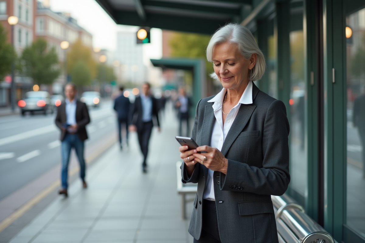 Femme d age moyen utilisant son smartphone à un arrêt de bus
