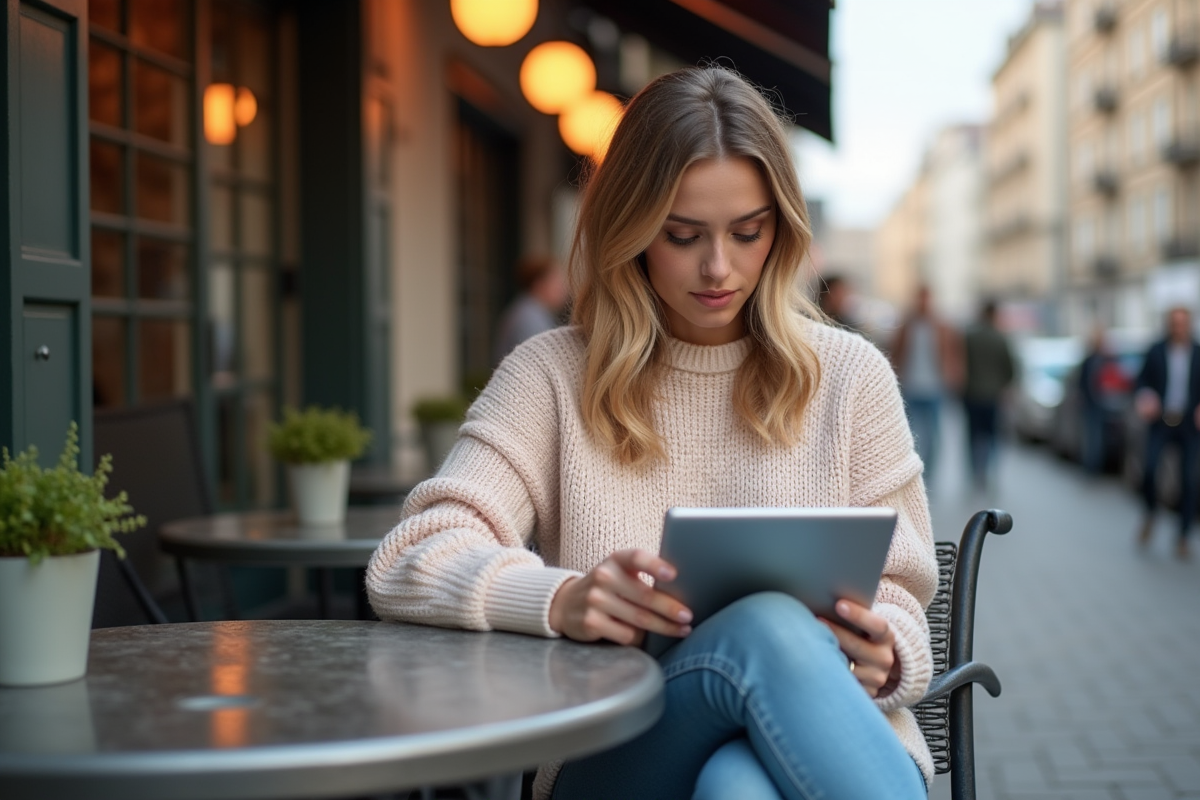 Femme assise au café regardant son tablet avec souci