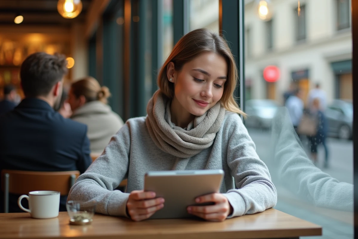 Femme dans un café utilisant une tablette