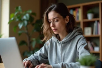 Jeune femme tapant sur un Chromebook à son bureau, cherchant le symbole arobase sur le clavier