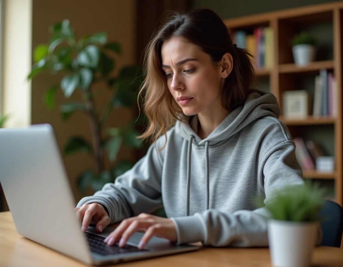 Jeune femme tapant sur un Chromebook à son bureau, cherchant le symbole arobase sur le clavier