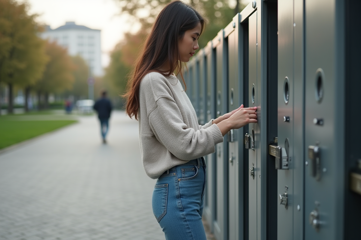 Jeune femme entre un code sur un cadenas de velo en plein air