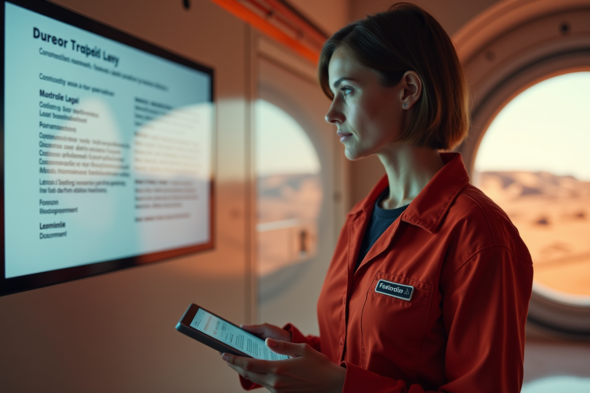 Femme en combinaison rouge regardant un écran avec documents martiens