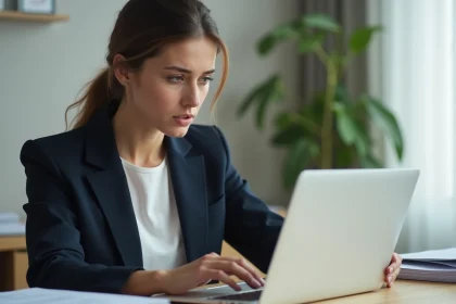 Femme consultant les conditions de confidentialité d'un service de conversion PDF en ligne sur son ordinateur portable