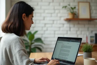 Jeune femme configurant son clavier pour les accents espagnols sur un ordinateur portable dans un bureau à domicile