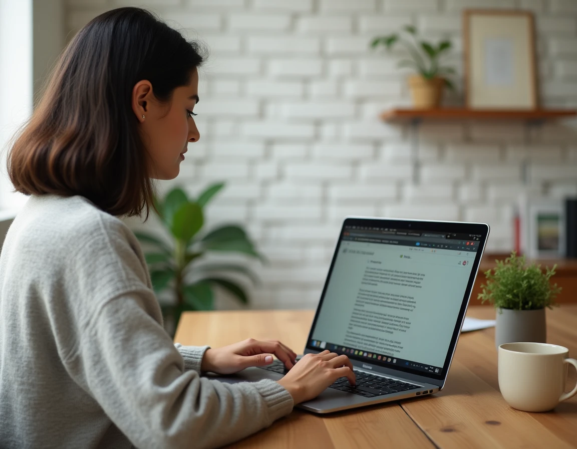 Jeune femme configurant son clavier pour les accents espagnols sur un ordinateur portable dans un bureau à domicile