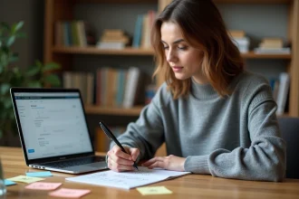 Jeune femme prenant des notes sur la conversion Go Mo à son bureau avec un ordinateur portable ouvert