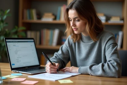 Jeune femme prenant des notes sur la conversion Go Mo à son bureau avec un ordinateur portable ouvert