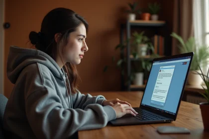 Jeune femme utilisant Discord sur un ordinateur portable à son bureau, apprenant à écrire en italique dans un chat