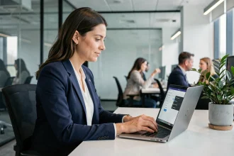 Professionnelle en bureau tapant un mot de passe sécurisé sur un ordinateur portable avec un gestionnaire de mots de passe à l'écran