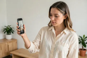 Femme tenant un Google Pixel 9 et consultant ses photos dans un salon moderne, illustration de la photo mobile avancée