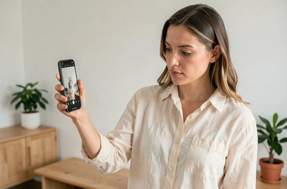 Femme tenant un Google Pixel 9 et consultant ses photos dans un salon moderne, illustration de la photo mobile avancée