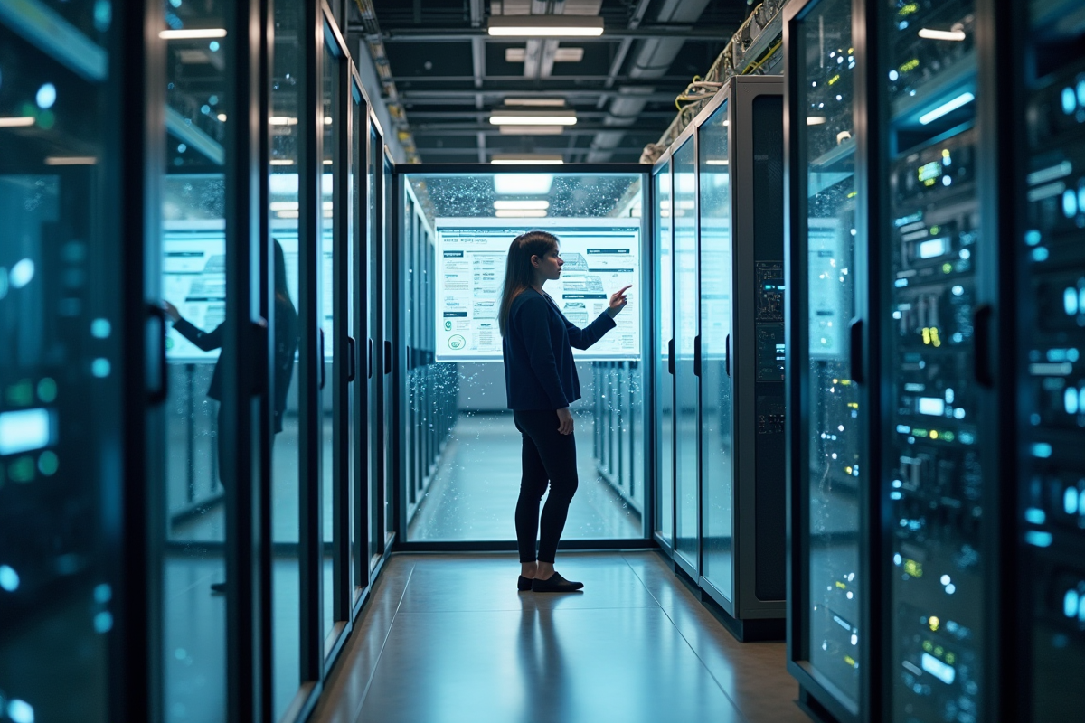 Jeune femme en data center manipulant un quantum