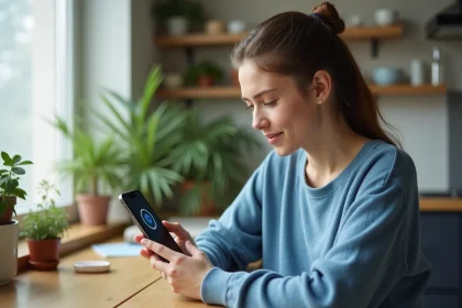Jeune femme avec smartphone dans la cuisine lumineuse