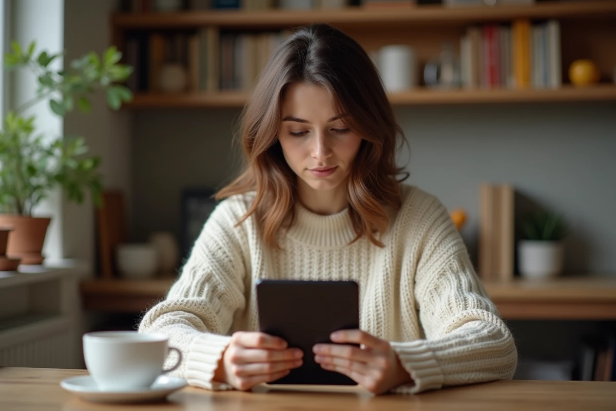 Femme lisant sur une liseuse Kindle à une table en bois avec un café, illustration du format de livre numérique Kindle