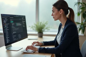 Femme utilisant un logiciel système sur un ordinateur de bureau avec interface OS ouverte