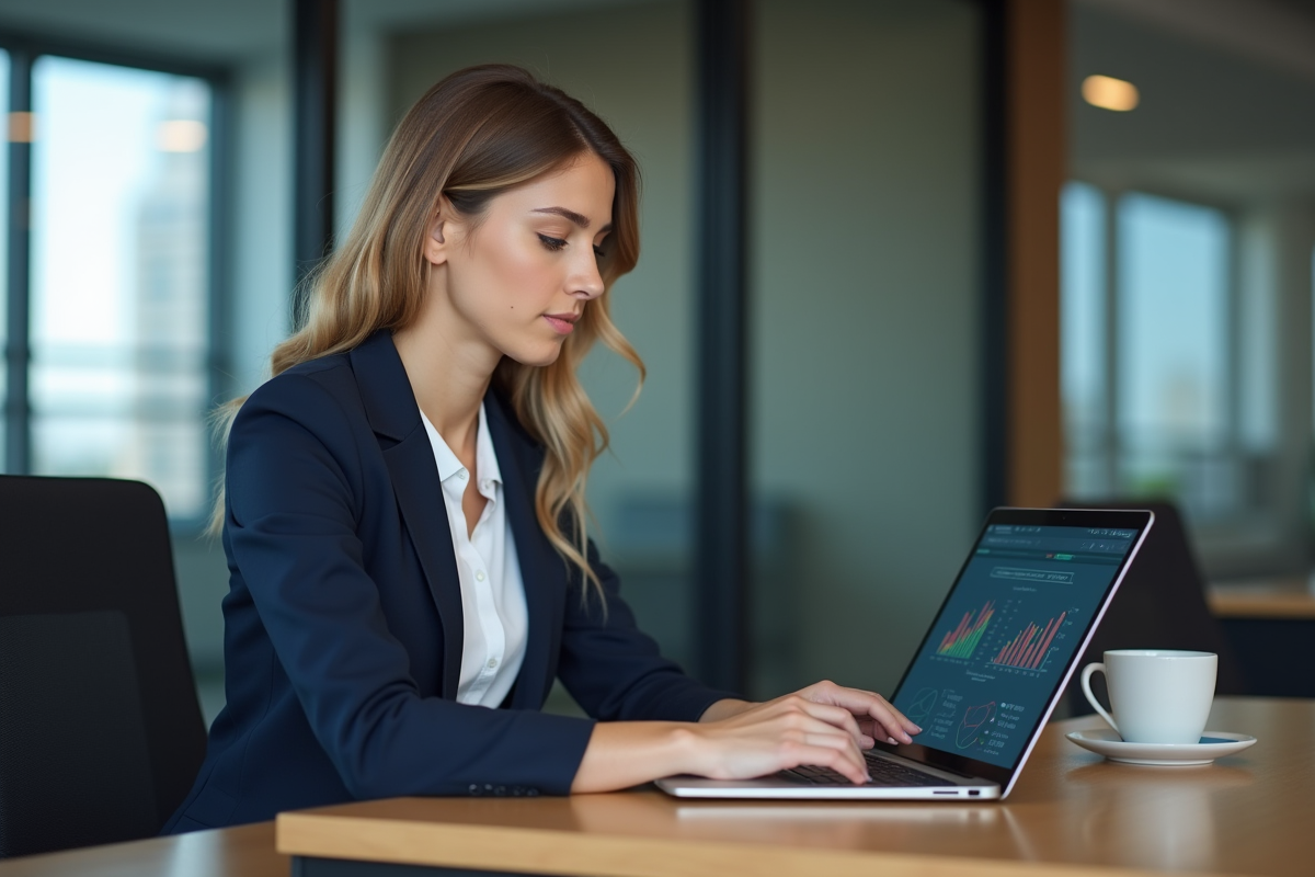 Jeune femme en blazer analysant des données marketing IA