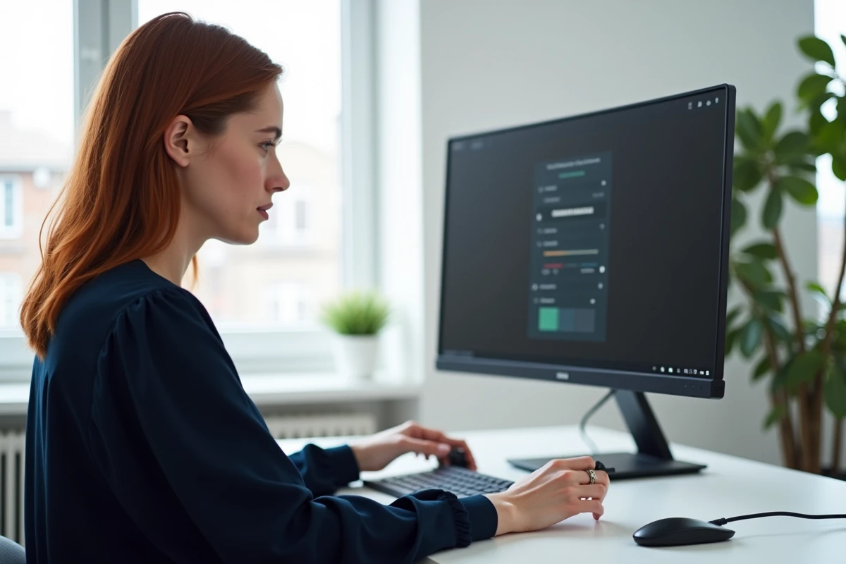 Femme ajustant le menu OSD d'un écran OLED 27 pouces pour optimiser la qualité d'image