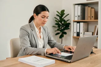 Femme numérisant des factures papier avec un scanner de bureau connecté à un ordinateur portable dans un bureau minimaliste