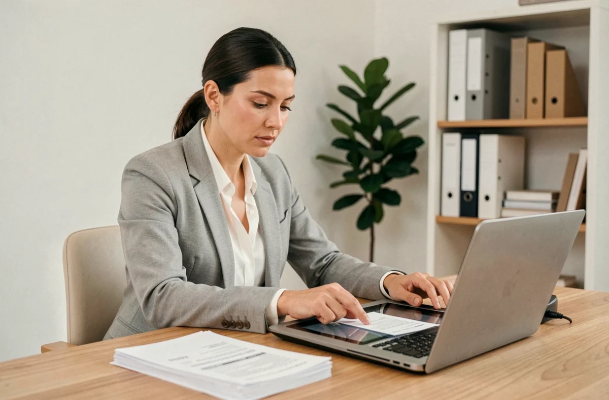 Femme numérisant des factures papier avec un scanner de bureau connecté à un ordinateur portable dans un bureau minimaliste