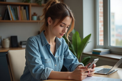Jeune femme concentrée sur son smartphone dans un bureau moderne