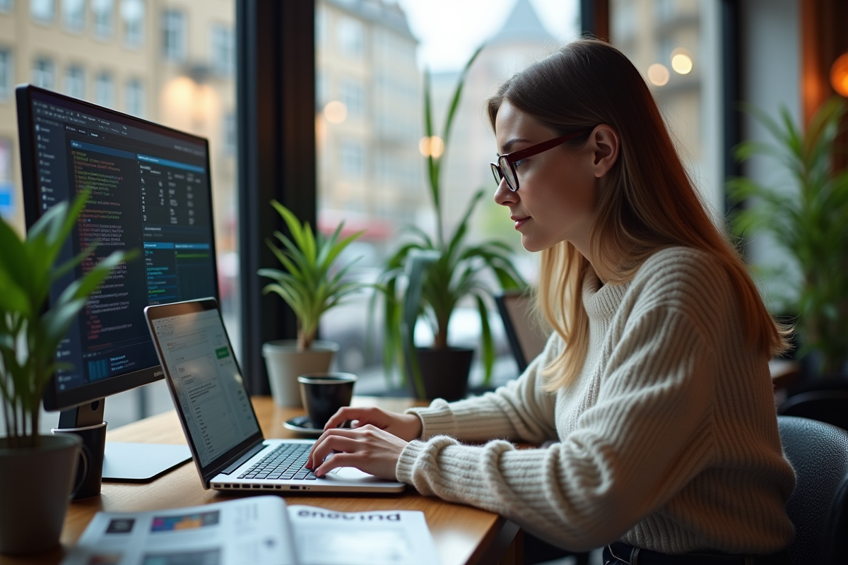 Femme tapant sur un ordinateur portable dans un café