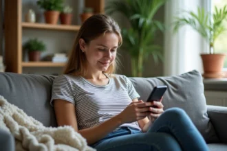 Jeune femme utilisant un smartphone dans un salon lumineux