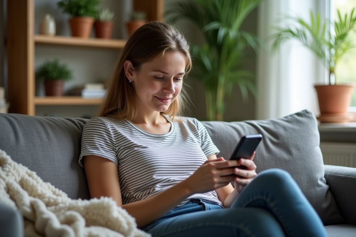 Jeune femme utilisant un smartphone dans un salon lumineux