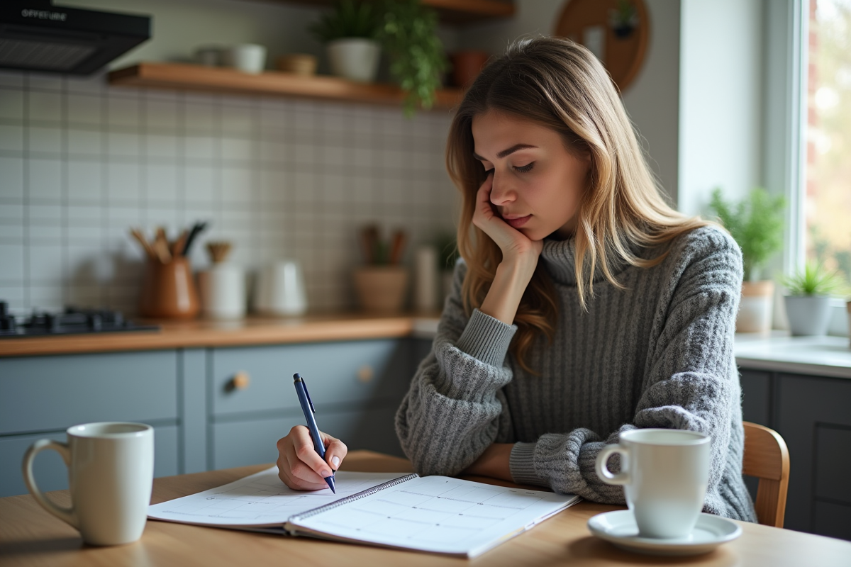 Femme réfléchissant à son calendrier dans la cuisine