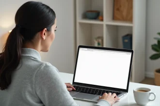 Femme confuse devant un navigateur affichant une page about:blank sur son ordinateur portable