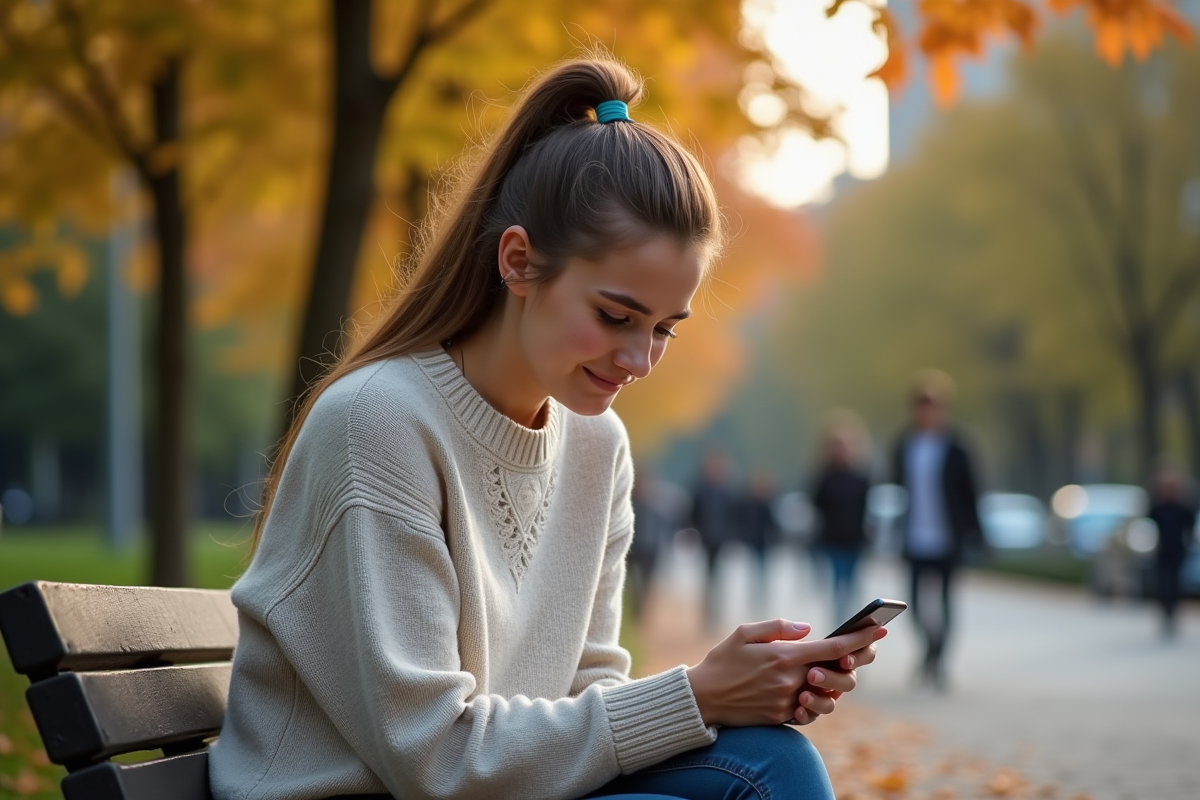 Jeune femme frustrée regardant son smartphone en parc
