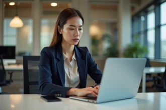 Femme professionnelle au bureau avec ordinateur portable