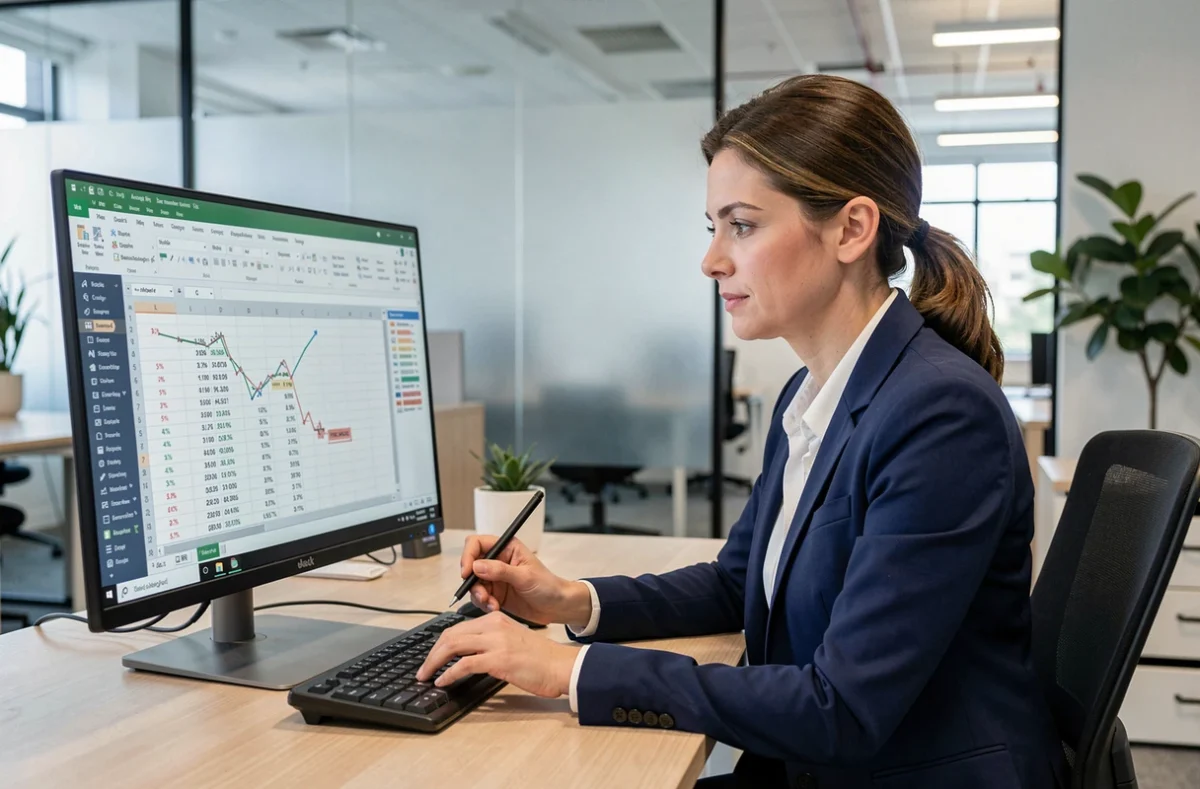 Femme professionnelle analysant une feuille de calcul Excel avec des augmentations de prix en pourcentage sur un écran de bureau moderne