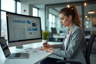 Jeune femme professionnelle compare des sites web au bureau