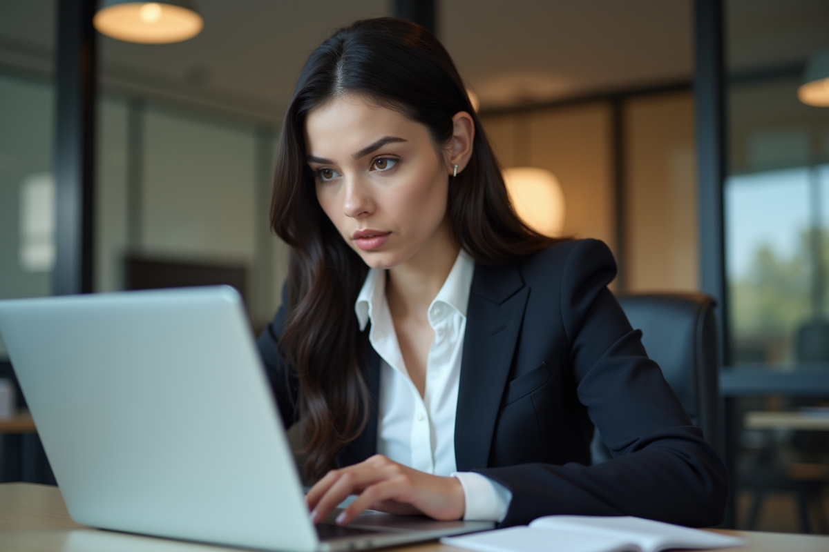 Jeune femme professionnelle face à son ordinateur en bureau
