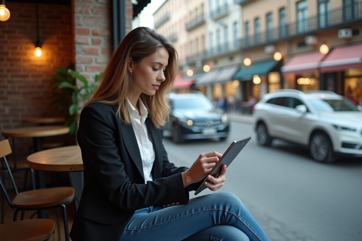 Jeune femme examinant des plans publicitaires dans un café