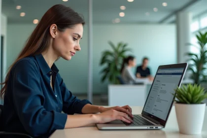Femme professionnelle sécurisant son compte webmail sur un ordinateur portable dans un bureau moderne
