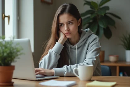 Jeune femme inquiète consultant un site tiers sur son ordinateur portable pour accéder à des stories Snapchat sans compte