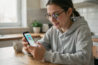 Jeune femme tenant un smartphone Android affichant un GIF dans une application de messagerie SMS