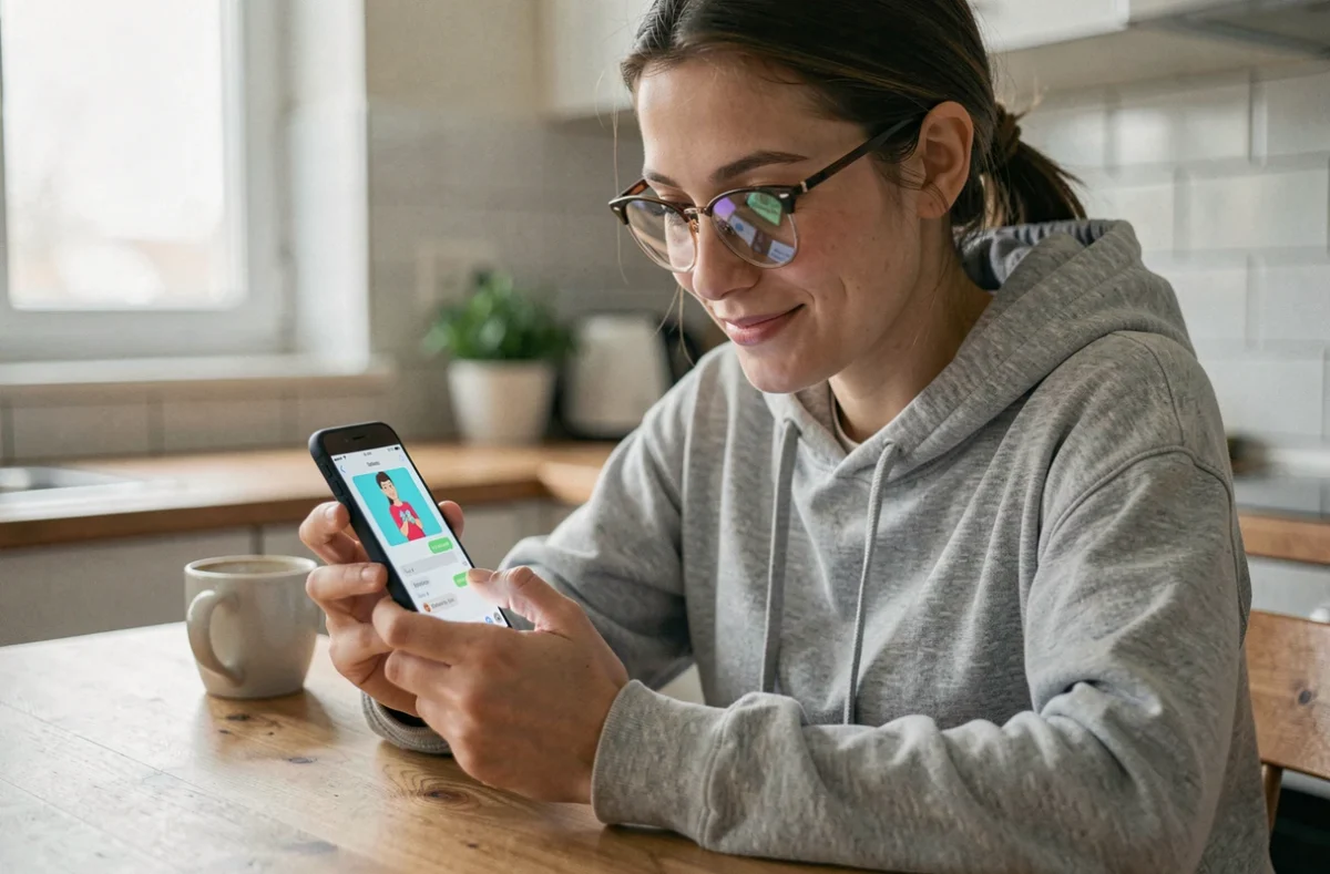 Jeune femme tenant un smartphone Android affichant un GIF dans une application de messagerie SMS