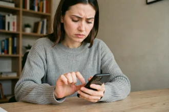 Femme utilisant un smartphone Android à son bureau en cherchant la fonction presse-papier