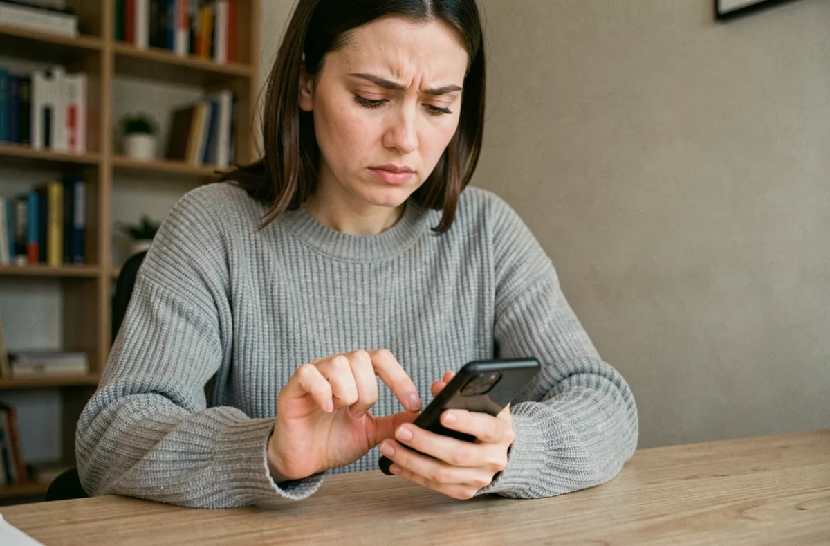 Femme utilisant un smartphone Android à son bureau en cherchant la fonction presse-papier