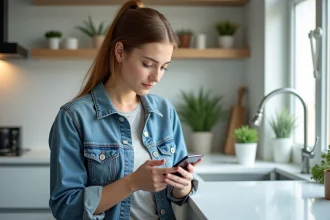 Jeune femme dans la cuisine moderne utilisant son smartphone