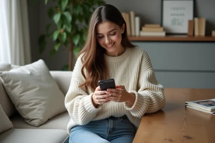 Femme assise à la maison utilisant son smartphone