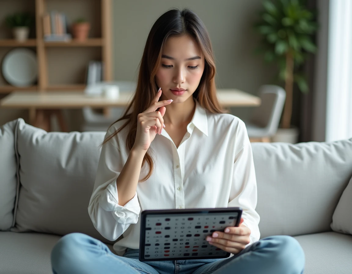 Jeune femme réfléchissant à une stratégie sur une grille avancée du jeu Démineur sur tablette